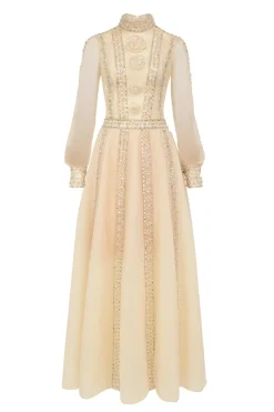 CULT MIA A-LINE CUFF SLEEVED CHIFFON MAXI DRESS IN BEIGE