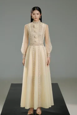 CULT MIA A-LINE CUFF SLEEVED CHIFFON MAXI DRESS IN BEIGE