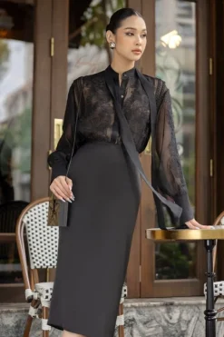 CULT MIA ARETHA SILK MIXED LACE SHIRT AND PENCIL SKIRT