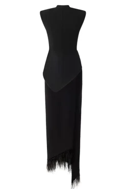 CULT MIA ASYMMETRIC SLEEVELESS BLAZER AND FEATHER SKIRT