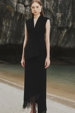 CULT MIA ASYMMETRIC SLEEVELESS BLAZER AND FEATHER SKIRT