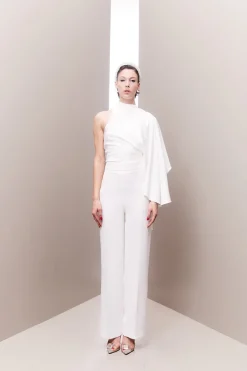 CULT MIA ASYMMETRICAL ONE-SHOULDER DRAPED BRIDAL TWO-PIECE SET