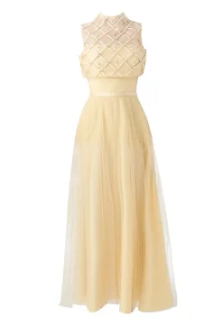CULT MIA A-LINE DRAPED MESH SILK MAXI DRESS