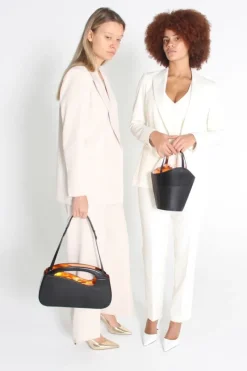 CULT MIA BLACK LARGE CURVE SHOULDER BAG WITH PEACH PATENT COLLAR