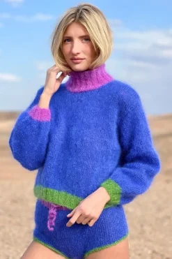 CULT MIA BLUE COLORBLOCK MOCK NECK MOHAIR SWEATER