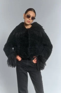 CULT MIA CROPPED FAUX FUR JACKET WITH TURN-UP CUFFS IN