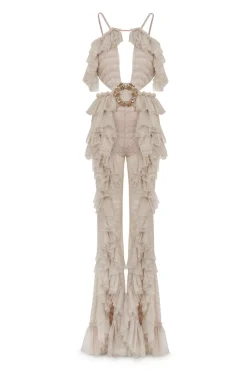 CULT MIA CUT-OUT DETAILED OPEN KNIT RUFFLE JUMPSUIT