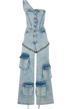 CULT MIA ONE SHOULDER DENIM JUMPSUIT