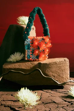 CULT MIA ORANGE AND TEAL ATACAMA BEADED TOP HANDLE BAG